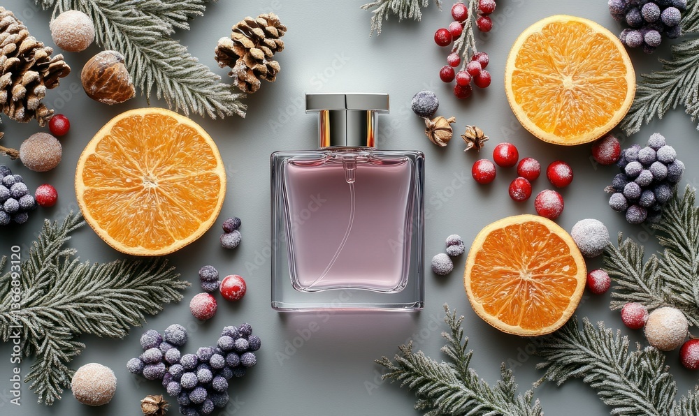 Elegant Fragrance Bottle Surrounded by Winter Fruits and Pine Decorations