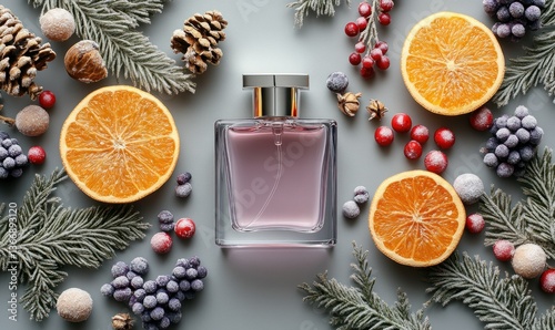 Obraz na płótnie Elegant Fragrance Bottle Surrounded by Winter Fruits and Pine Decorations w salonie