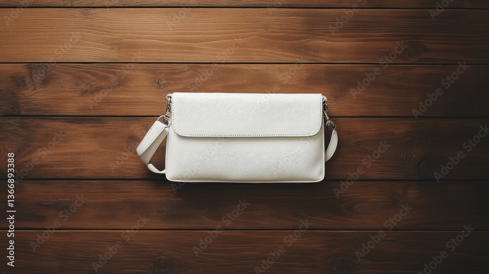 Fototapeta premium A trendy white leather crossbody bag with minimalist hardware sits on dark-stained wood, blending modern and classic styles.