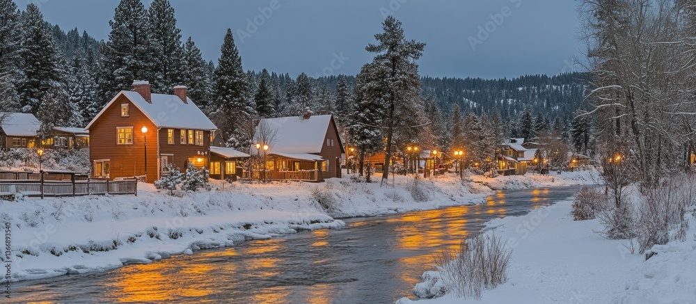 Cozy Winter Village at Dusk with Snowy Landscape and Serene River