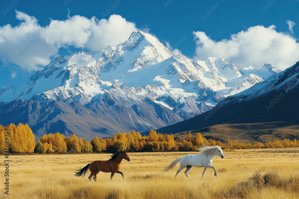 Majestic Horses Galloping in Front of Snow-Capped Mountain Landscape