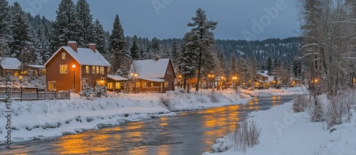 Obraz na płótnie Cozy Winter Village at Dusk with Snowy Landscape and Serene River w salonie