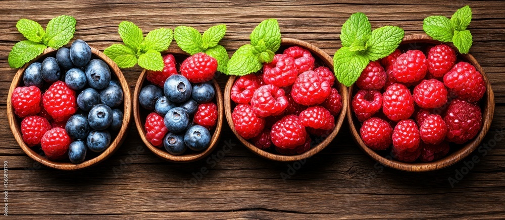 Fresh Berries in Wooden Bowls with Mint Leaves on Rustic Wooden Table