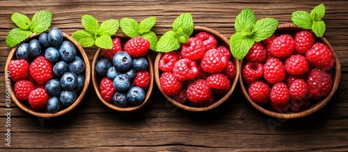 Fresh Berries in Wooden Bowls with Mint Leaves on Rustic Wooden Table
