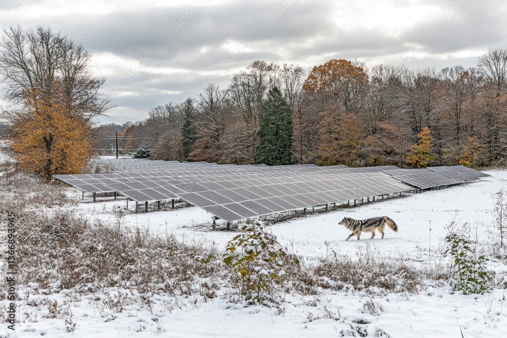 Snowy Landscape with Solar Panels and a Dog Walking in the Winter Scene