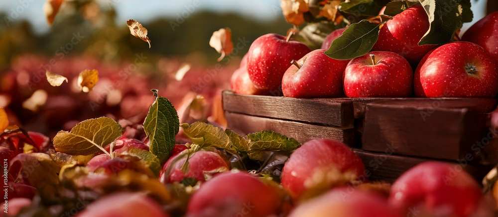 Fresh Red Apples in Wooden Crate Surrounded by Autumn Leaves at Orchard