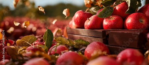 Obraz na płótnie Fresh Red Apples in Wooden Crate Surrounded by Autumn Leaves at Orchard w salonie