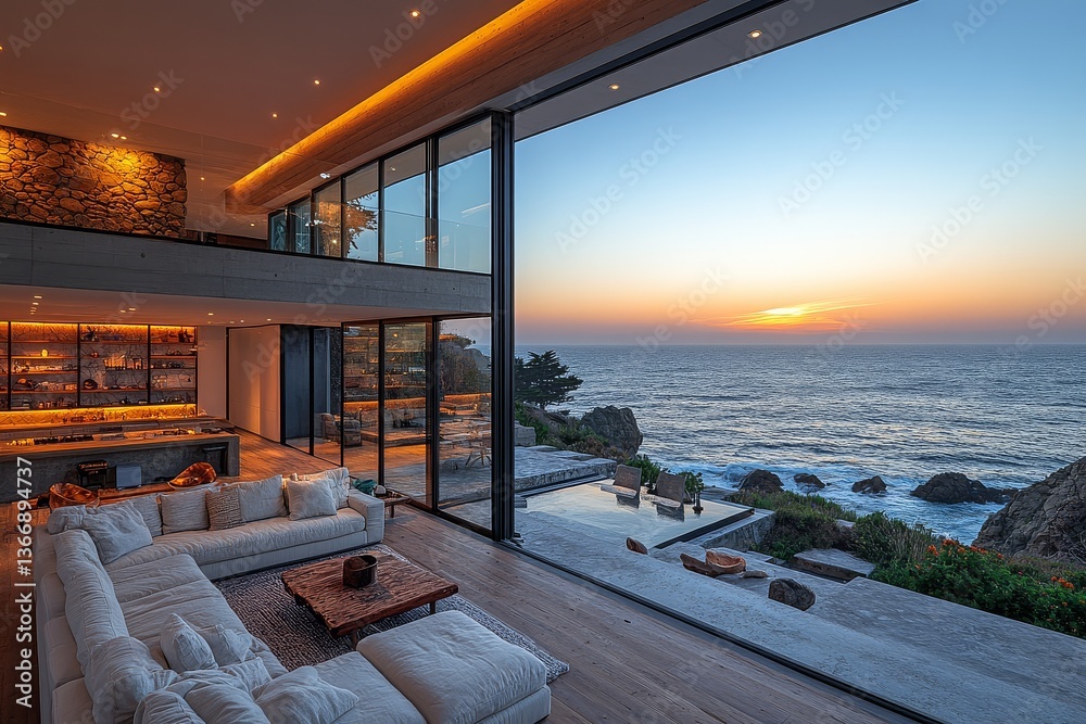 Fototapeta premium Luxury modern home with floor-to-ceiling windows, ocean view of Big Sur, California, at sunset. Stunning living room overlooking the coast.