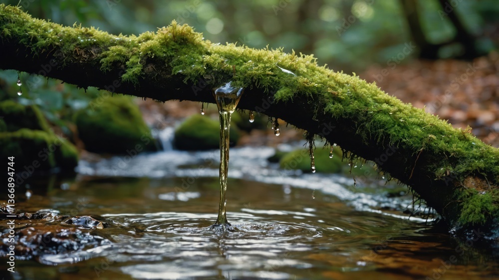 Fototapeta premium Water Dropping From Mossy Branch Into Stream in Lush Forest