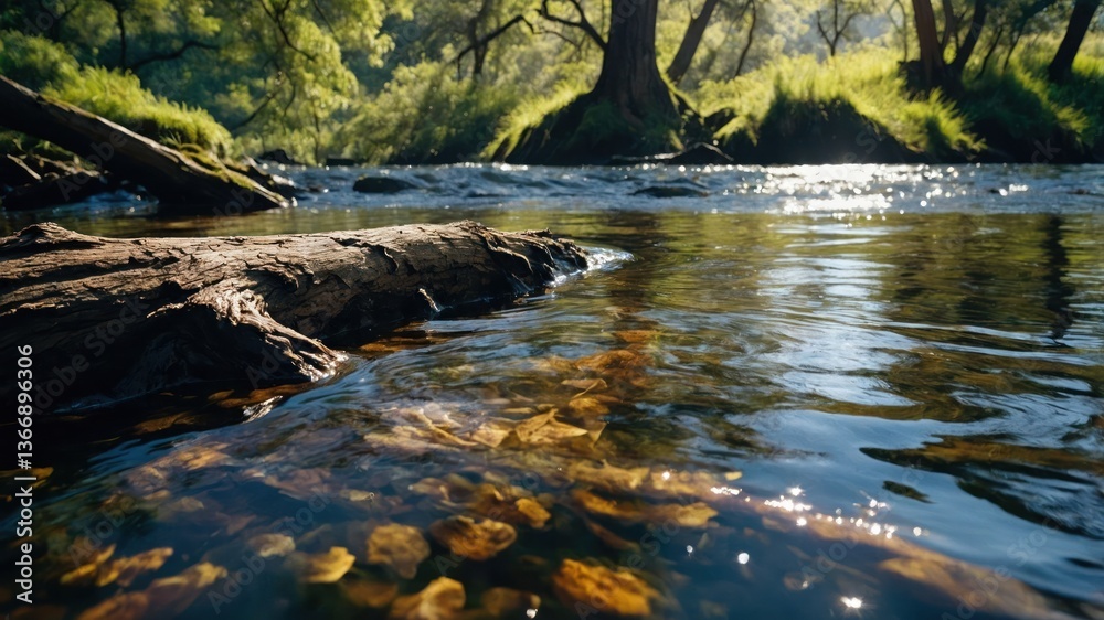 Naklejka premium Flowing River with Sunlit Water and Fallen Log in Forest