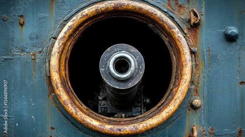 Rusty Cannon Peeking Through Round Porthole on Old Ship Exterior