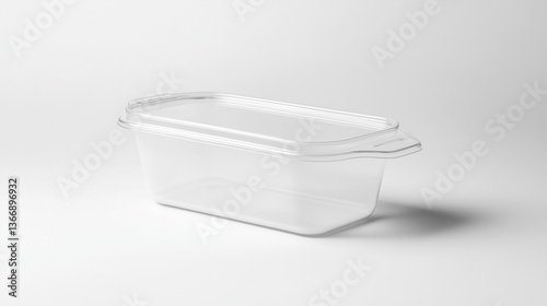 A clear plastic container with a lid sits on a white background