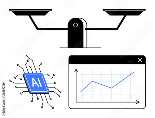AI microchip, balance scale, and data graph represent technology, ethics, and progress. Ideal for innovation, artificial intelligence, decision-making, balance analysis research technology ethics