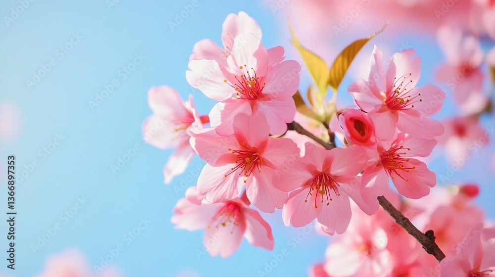 Obraz premium Pink cherry blossoms in full bloom under clear blue sky, with close - up of delicate petals and vibrant colors, creating an elegant and serene atmosphere.