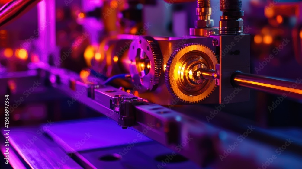 Industrial mechanical actuator components resting on a dark surface, illuminated by deep neon purple backlighting