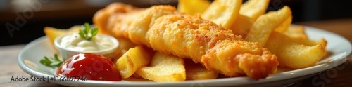 Close-up, perfectly fried fish, chunky chips, dollop of tartar , foodblogger, tasty
