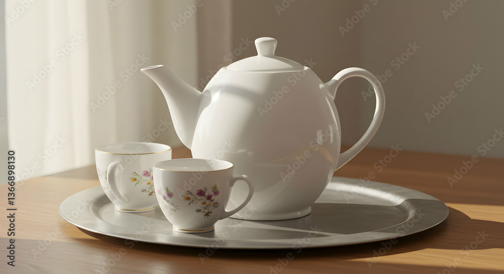 White Porcelain Teapot And Cups On Silver Tray White Porcelain Teapot And Cups On Silver Tray
