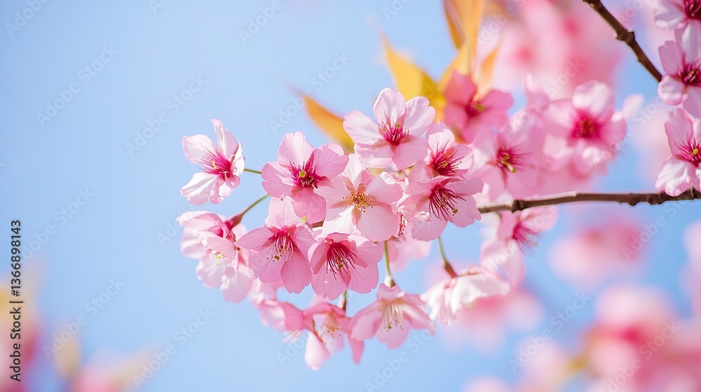 Obraz premium Pink cherry blossoms in full bloom under clear blue sky, with close - up of delicate petals and vibrant colors, creating an elegant and serene atmosphere.