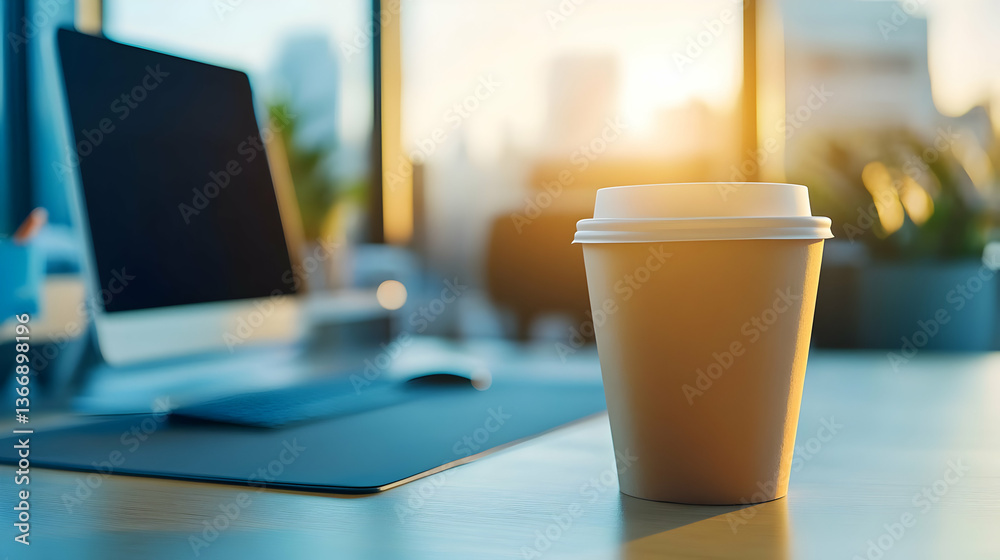 Coffee Cup on Desk with Computer and Cityscape Background in Golden Sunlight Office Environment Coffee Cup on Desk with Computer and Cityscape Background in Golden Sunlight Office Environment