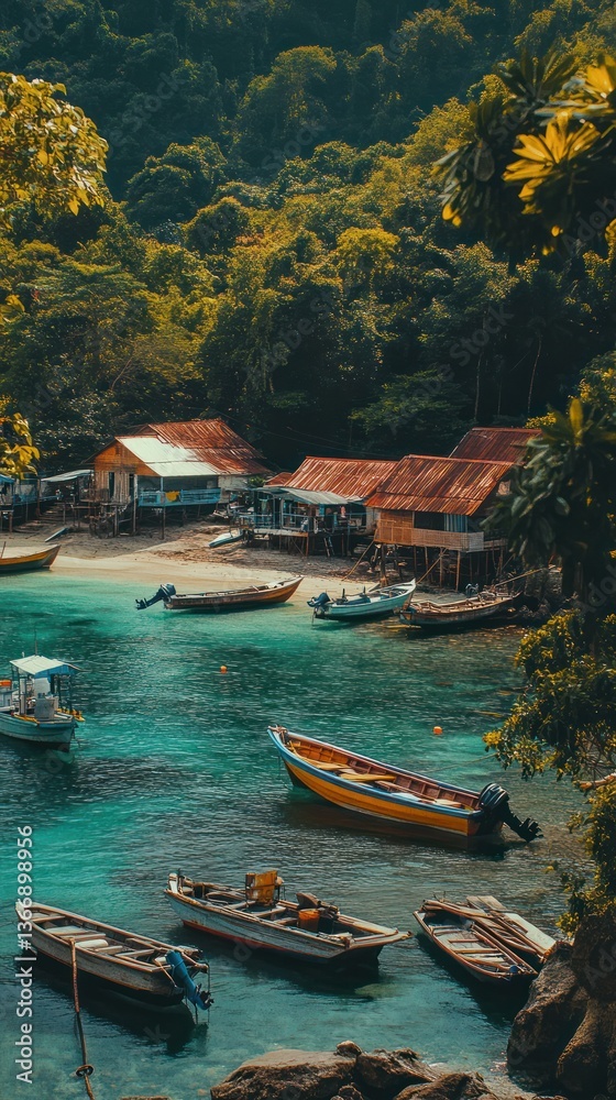 A quaint fishing village with small boats lined along a charming rustic dock. Vertical.