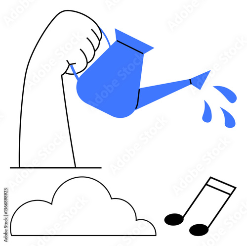 Hand holding blue watering can pours water onto minimal cloud, nurturing musical note growth. Ideal for creativity, inspiration, innovation, growth, music, care, and support themes flat simple