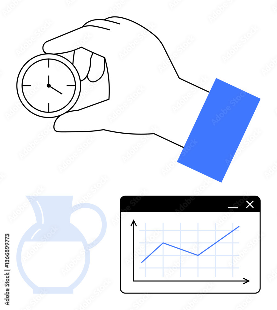 Hand holding clock symbolizing time, chart with upward trend for progress, faint jug as minimal d cor. Ideal for time, productivity, progress, management, multitasking growth planning. Flat simple