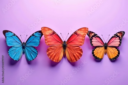 Vibrant row of colorful butterflies on soft violet background, insect, vibrant, pattern