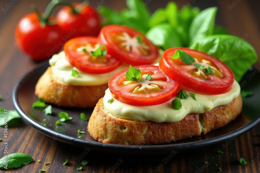Chopped mixed vegetables on toasted Italian bread topped with juicy tomato slices and creamy herby sauce, italian appetizer, herby sauce, tomato slices Chopped mixed vegetables on toasted Italian bread topped with juicy tomato slices and creamy herby sauce, italian appetizer, herby sauce, tomato slices