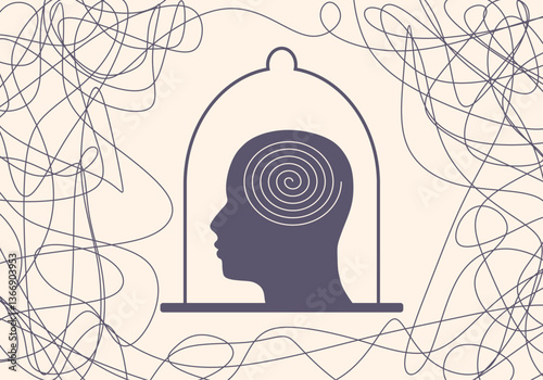 Psychotherapy concept. Metaphor of problem solving, chaos and mess, difficult situation. Psychological help and mental health. Human head and tangle of problems