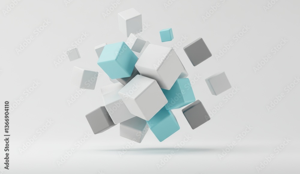 3D abstract cubes in white and cyan colors floating in space. Concepts of modern design and creativity. 3D abstract cubes in white and cyan colors floating in space. Concepts of modern design and creativity.