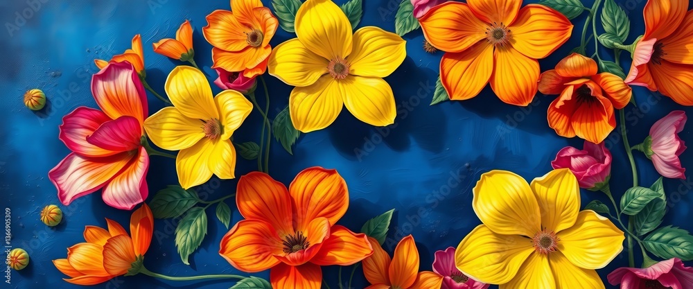 Fototapeta premium Vibrant oil painted blooms on deep midnight blue canvas , nature, still life