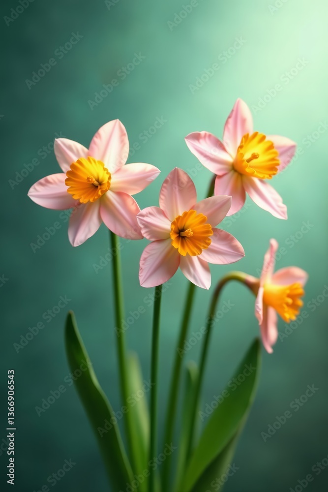 Fototapeta premium Vibrant narcissus flowers in mid-air with blurred color background, nature, beauty, narcissus