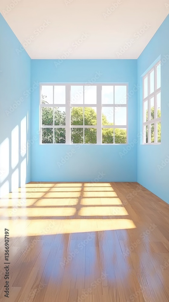Fototapeta premium Bright sunlit room with blue walls home interior modern design tranquil environment wide angle view