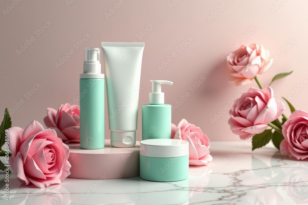 Luxurious skincare products on elegant marble background with floral decoration, skincare, marble, care Luxurious skincare products on elegant marble background with floral decoration, skincare, marble, care