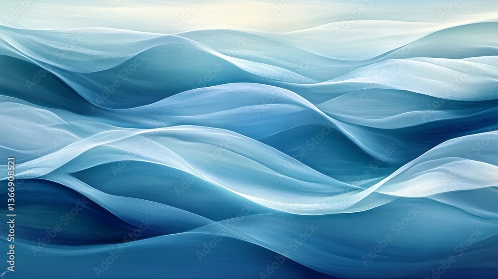 Fototapeta premium Dramatic seascape abstraction with flowing liquid forms, deep oceanic blues blending into light turquoise, dynamic wave patterns, ethereal underwater current effects, artistic water ripples, modern