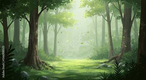 Enchanted Forest Clearing with Sunlight Streaming Through the Trees Artwork