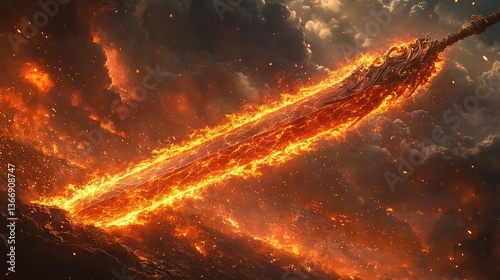 Fiery blade descends amidst stormy skies, a harbinger of burning apocalypse