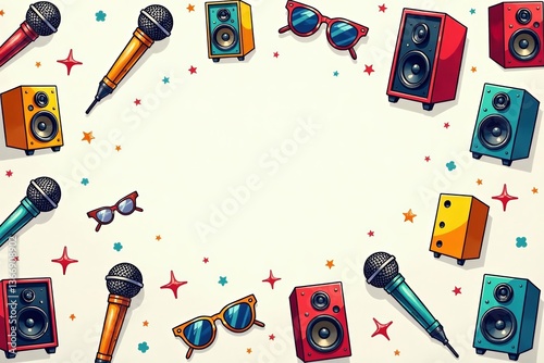 Playful sketches of microphones, speakers, and sunglasses in a repeating pattern, concert, music festival, cool