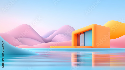 Modern House with Swimming Pool on Pastel Mountains