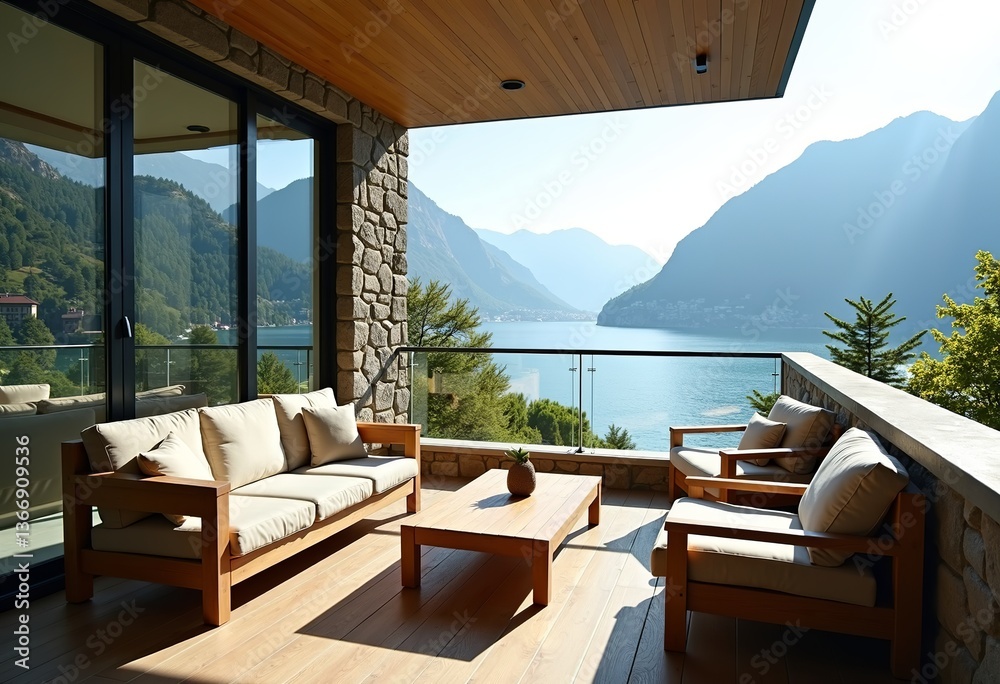 Fototapeta premium Lakeside Luxury: Glass-Walled Terrace at Lake Como Blending Natural Materials with Modern Design - Perfect for a Tranquil and Sophisticated Italian Getaway.
