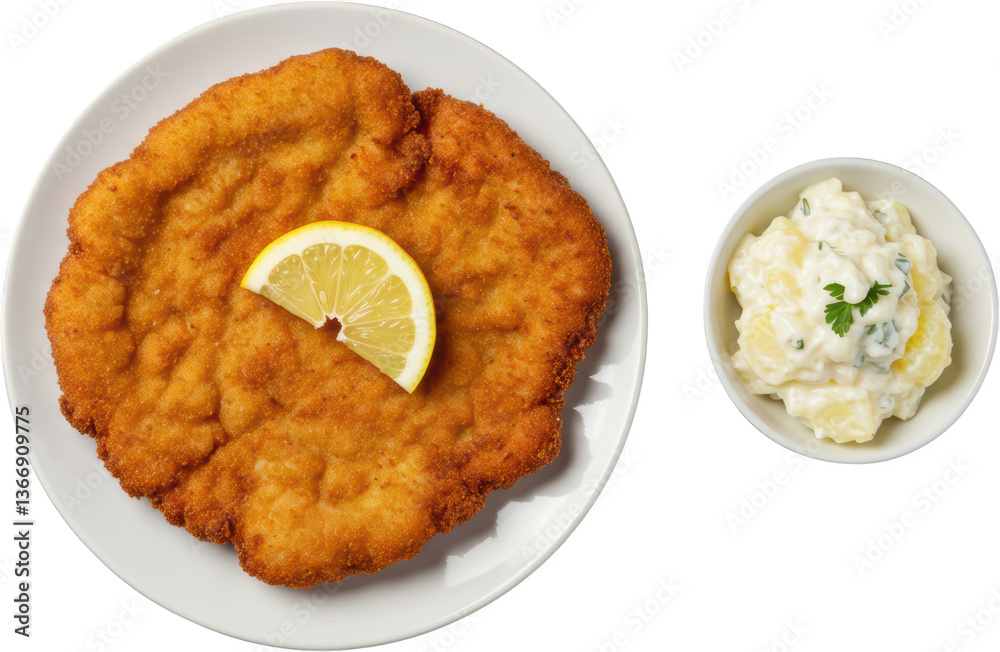 Crispy Wiener Schnitzel with Creamy Potato Salad and Lemon Garnish overhead shot Crispy Wiener Schnitzel with Creamy Potato Salad and Lemon Garnish overhead shot