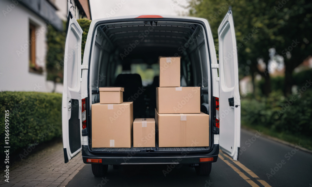 The image shows the back of a van with its doors open, revealing several cardboard boxes inside. The van is parked on a road, and the surrounding area includes greenery and buildings. The image shows the back of a van with its doors open, revealing several cardboard boxes inside. The van is parked on a road, and the surrounding area includes greenery and buildings.