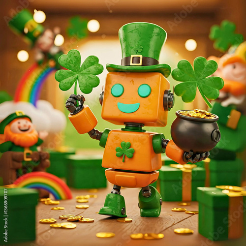 Smiling Cute Robot Wearing Green Top Hat Holding Lucky Four-Leaf Clover and a pot of gold for St. Patrick's Day Celebration..