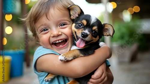 Happy child holding a small puppy outdoors, smiling joyfully with a blurred background