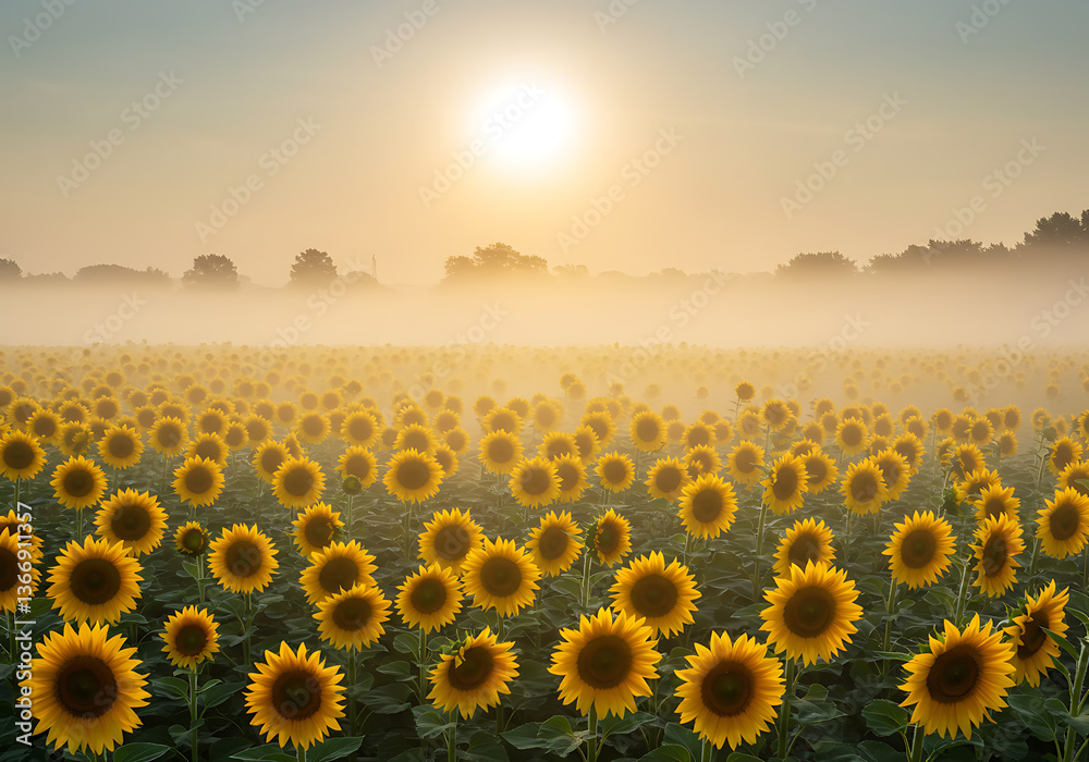 Fototapeta premium Misty Sunrise over a Sunflowers Field: A Serene Summer Morning Landscape