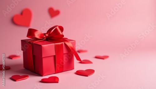 Close-up of red gift box, ribbon, and heart-shaped decorations on pink backdrop for romantic occasion, ribbon, occasion