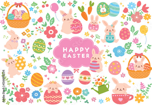 ハッピーイースター　うさぎやイースターエッグのイラストセット