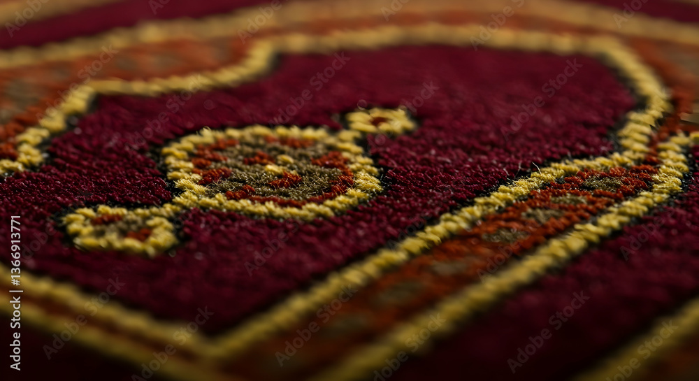 Fototapeta premium Detailed Closeup Of Woven Carpet With Red, Gold, And Brown Pattern