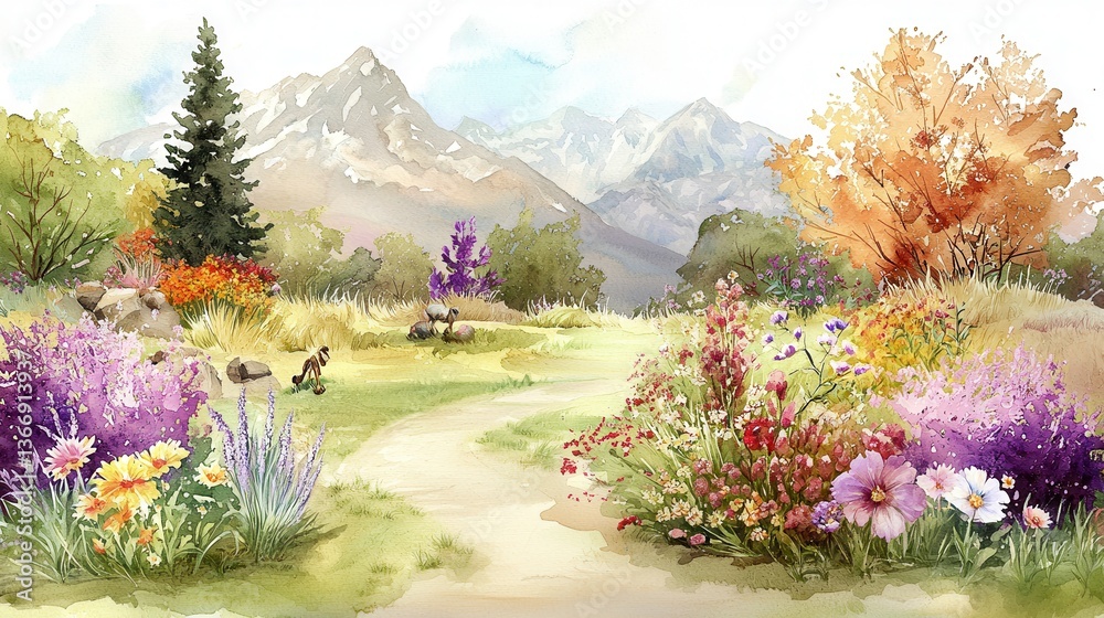 Fototapeta premium Serene Watercolor Landscape Painting of a Mountain Path with Vibrant Flowers and Lush Greenery