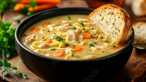 Creamy Chicken Noodle Soup Garnished with Parsley and a Slice of Crusty Bread in Black Bowl on Rustic Wooden Surface